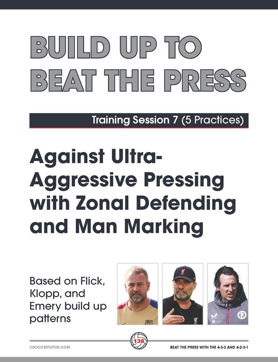 The cover for Beat the Press With Single & Double Pivots - Build Up Play and Sessions from Flick, Klopp and Emerys Tactics by SoccerTutor features three coaches’ photos, focusing on countering pressing with zonal defending.
