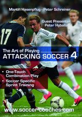 A player in white dribbles past a blue opponent. Text promotes SoccerTutor’s The Art of Playing Attacking Soccer Part 4 - German Academy Coaching, featuring One-Touch Combination Play and Soccer Specific Sprint Training. www.soccer-coaches.com.