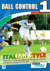 A soccer player in a white and blue kit kicks a ball on a grassy field, featured on the cover of SoccerTutor's "Ball Control 1 - Italian Style Youth and Academy Training Program - 60 Exercises." Other players and a coach are seen in the background.