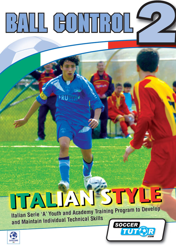 A youth soccer player in blue practices on a green field as others approach. Text: Ball Control 2 - Italian Style Academy Technical Skills Training Program by SoccerTutor—42 exercises for advanced technical skills.