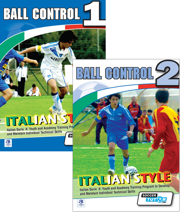 Covers of Ball Control Vol. 1 and 2 Bundle – Italian Style Academy Technical Skills Training Program (102 Exercises), featuring young players in action, with the SoccerTutor logo at the bottom.