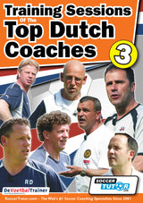 Cover of SoccerTutor's "Training Sessions of the Top Dutch Coaches - Vol.3," showing six men in sports attire on a soccer ball background, emphasizing expert coaching sessions, with logos and website details at the bottom.