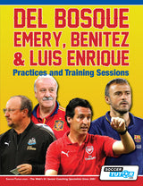 Four football coaches—Del Bosque, Emery, Benitez, and Luis Enrique—stand before a blue background. Bold red and yellow text shows their names and features SoccerTutor’s “Del Bosque, Emery, Benitez & Luis Enrique - Practices and Training Sessions.”.