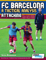 Two FC Barcelona players train as a coach observes, featured on SoccerTutor’s book cover: "FC Barcelona: A Tactical Analysis - Attacking," which explores elite practice and attacking strategies.