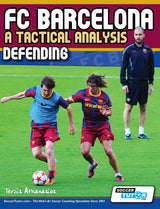 Two players in FC Barcelona red and blue kits practice defending on a soccer field as a coach in black observes. Product: "FC Barcelona: A Tactical Analysis - Defending" by SoccerTutor.