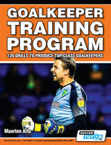 A male soccer goalkeeper in blue and black stands on the field with gloves and a ball. The cover features SoccerTutors Goalkeeper Training Program - 120 Drills to Produce Top Class Goalkeepers.