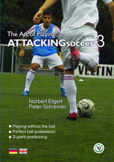 A soccer player in blue, inspired by FC Schalke 04, gets ready to receive a pass from a teammate on green grass. The SoccerTutor book cover reads: The Art of Playing Attacking Soccer Part 3 - German Academy Coaching.