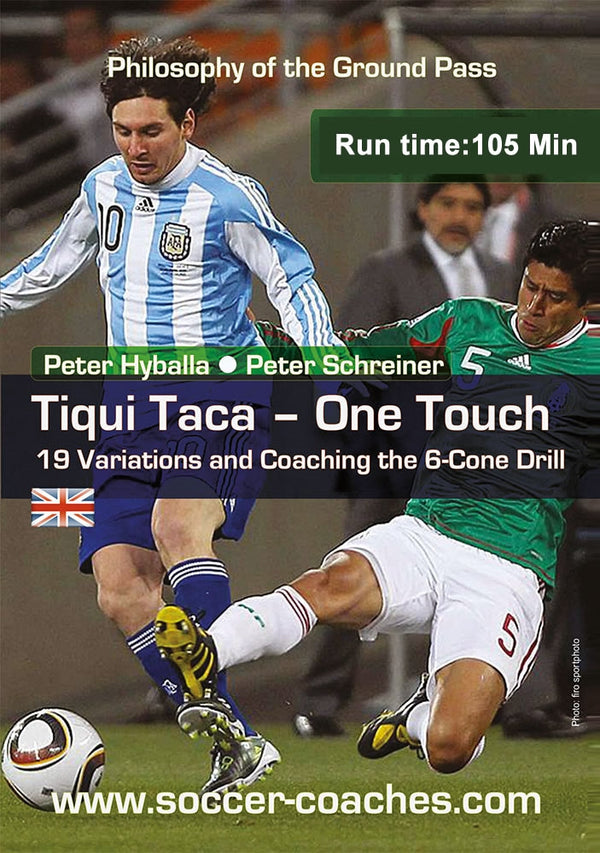 The SoccerTutor DVD cover for "Tiki Taka One Touch Training - Practices For Creating Space, Possession & Combination Play" features an Argentina player dribbling past a Mexico defender. The 105-minute film highlights Tiki Taka drills and coaching details.
