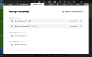 Screenshot of the Manage My Devices page in SoccerTutors Tactics Manager Pro app, showing two registered desktop devices (Georges-Macbook Pro and active George Surfacebook) with session planning features; no tablet or web devices. Max devices: 4.