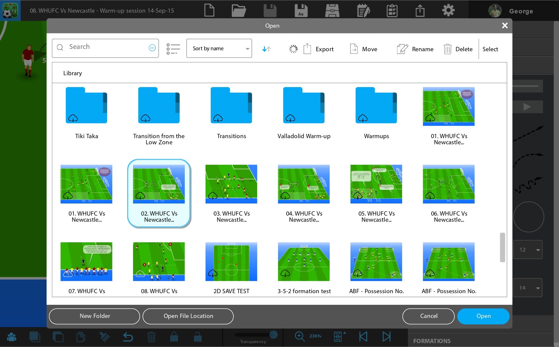 A computer shows SoccerTutors Tactics Manager with the Premier Plan, displaying folders and tactics diagrams—like 02. WHUFC v/s Newcastle—on a soccer field, plus unlimited cloud saving for access on all devices.
