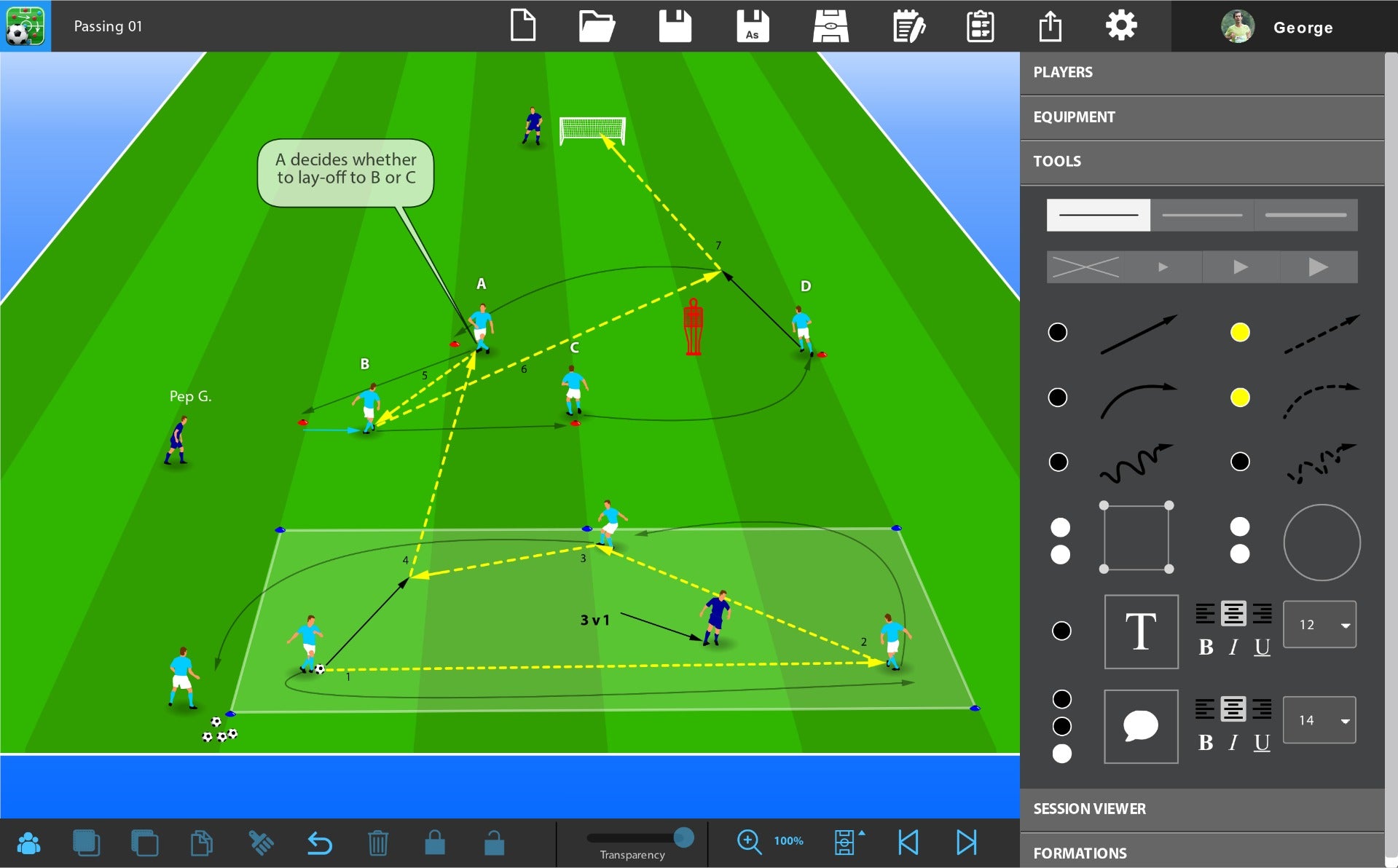 With SoccerTutor’s Tactics Manager Pro app, design 3v1 soccer drills for session plans—diagram triangles, showing passing options with dashed arrows as a defender applies pressure. Perfect for visualizing and creating effective practice scenarios.