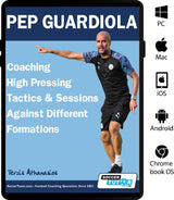A tablet screen shows a high-quality image of the SoccerTutor book Pep Guardiola - Coaching High Pressing Tactics & Sessions Against Different Formations, featuring Guardiola pointing with platform icons on the right.