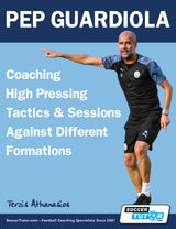 Book cover features a high-quality image of Pep Guardiola in a black sports outfit giving instructions, with the title Pep Guardiola - Coaching High Pressing Tactics & Sessions Against Different Formations, author info, and SoccerTutor logo at the bottom.