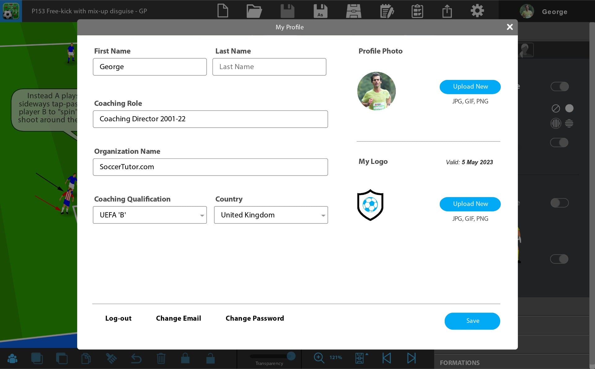 In SoccerTutor’s Tactics Manager Pro, the user profile page includes fields for name, coaching role, organization, qualification, and country. You can upload a profile photo or logo and log out, update email, or save changes for session planning.
