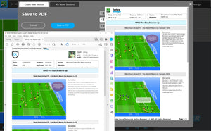 Screenshot of a computer screen with two WWU Thu Match Warm-up windows showing soccer tactics and session details in SoccerTutors Tactics Manager, Premier Plan. The Save to PDF and Unlimited Cloud Saving features are visible at the top.