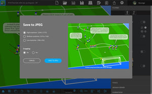 Screenshot of SoccerTutor’s Tactics Manager Pro app showing a Save to JPEG dialog over a soccer field, highlighting practice creation tools and player instructions for planning a free kick session.