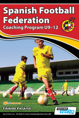 Three boys in yellow uniforms practice with soccer balls on a field; green stadium seats are visible. This scene showcases SoccerTutor’s Spanish Football Federation Coaching Program U9-12 for young players.