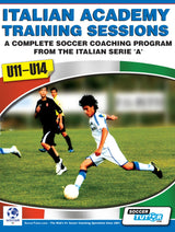 A soccer player in white and blue runs with the ball while two in black chase behind, promoting SoccerTutor’s "Italian Academy Training Sessions Book for U11-14 – A Complete Coaching Program.