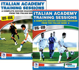 The SoccerTutor Italian Academy Training Sessions U11-19 - 2 Book Bundle features covers for U11–U14 (youth in black and white kits) and U15–U19 (older players in white kits)—note: HTML/CSS code not included.