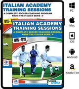Two overlapping covers of SoccerTutor's "Italian Academy Training Sessions U11-19 - 2 Book Bundle" for ages U11–U14 and U15–U19. Icons show compatibility with PC, Mac, iOS, Android, and Kindle Fire. No HTML/CSS code included.