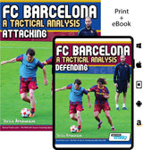 The SoccerTutor FC Barcelona: A Tactical Analysis - Attacking and Defending - 2 Book Bundle features covers with Barcelona players training and a coach present; however, the displayed text on the covers appears truncated.