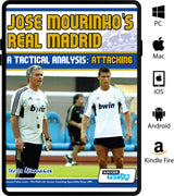 The SoccerTutor book "Jose Mourinho's Real Madrid: A Tactical Analysis - Attacking in the 4-2-3-1" is ideal for tactical football fans and works on PC, Mac, iOS, Android, and Kindle Fire. Features cover art with Mourinho and a Real Madrid player.