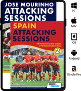 SoccerTutors Jose Mourinho Attacking Sessions + Spain Attacking Sessions Bundle features over 250 practices. Two book covers are shown, plus icons for PC, Mac, iOS, Android, and Kindle Fire. SEO keywords: soccer coaching books, attacking sessions bundle, SoccerTutor.