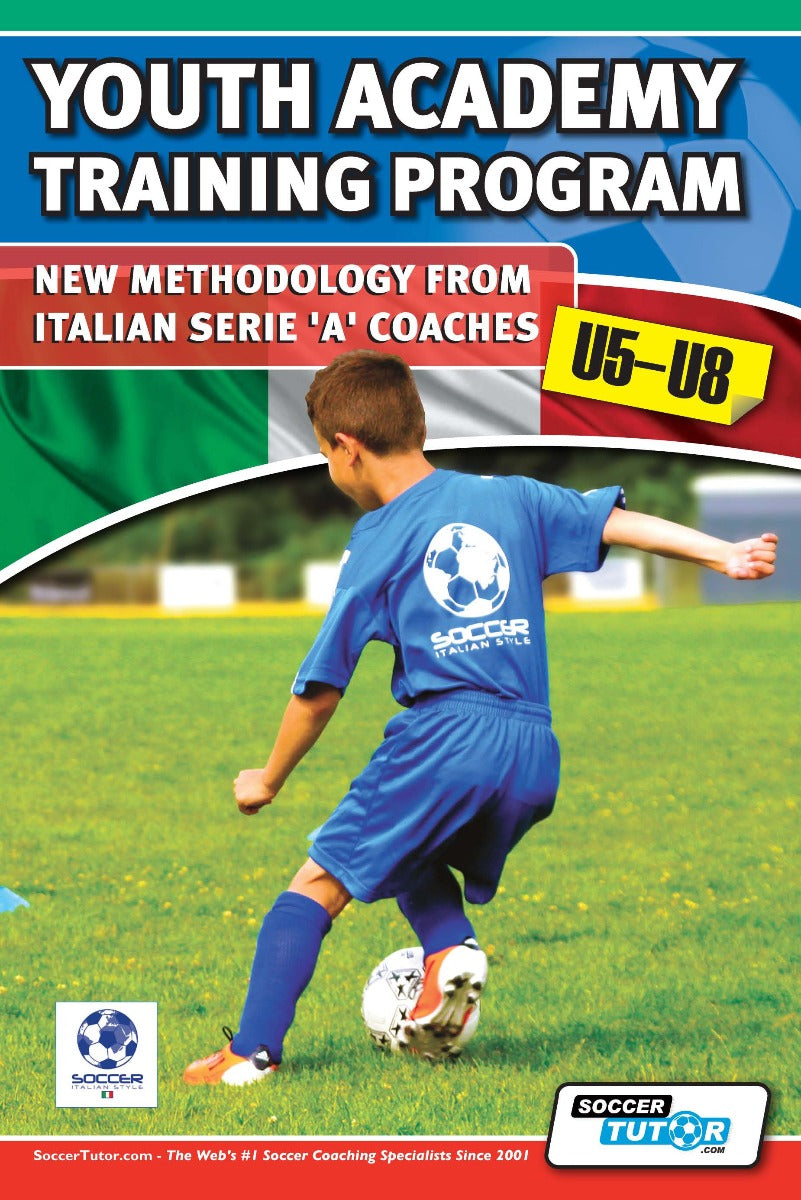 A boy in blue soccer gear kicks a ball on grass, promoting SoccerTutors Youth Academy Training Program U5-8—featuring new methodology from Italian Serie A. SoccerTutor logo at bottom. Start soccer training for kids today!.