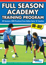 Three boys in blue soccer uniforms practice on a green field. The Full Season Academy Training Program U9-12 by SoccerTutor offers 40 sessions (200 practices) from top Italian Serie A coaches for young athletes.