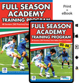 Cover of SoccerTutor's "Full Season Academy Training Program U13-15 – 48 Sessions (240 Practices) from Italian Serie 'A' Coaches," featuring two youth players. Available in print and eBook for Apple, Android, and Amazon. Ideal for full-season planning.