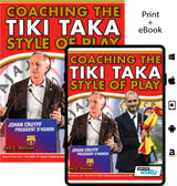 Book cover for Coaching the Tiki Taka Style of Play by SoccerTutor, showing both print and eBook editions with vibrant backgrounds, soccer logos, and digital icons. Product description appears incomplete or incorrectly formatted.