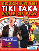 Book cover for Coaching the Tiki Taka Style of Play shows Johan Cruyff at a podium and Pep Guardiola by soccertutor