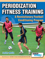 Four players in bibs train on a green field, one with the ball. Text: Periodization Fitness Training – A Revolutionary Football Conditioning Program by SoccerTutor.