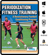 Cover of Periodization Fitness Training – A Revolutionary Football Conditioning Program by SoccerTutor shows three soccer players training. Icons for PC, Mac, iOS, Android, and Kindle Fire are displayed on the right.