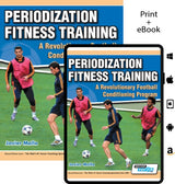 Book and eBook cover for SoccerTutor’s Periodization Fitness Training – A Revolutionary Football Conditioning Program, featuring four players in orange and black on a green field. Icons highlight both print and eBook formats.