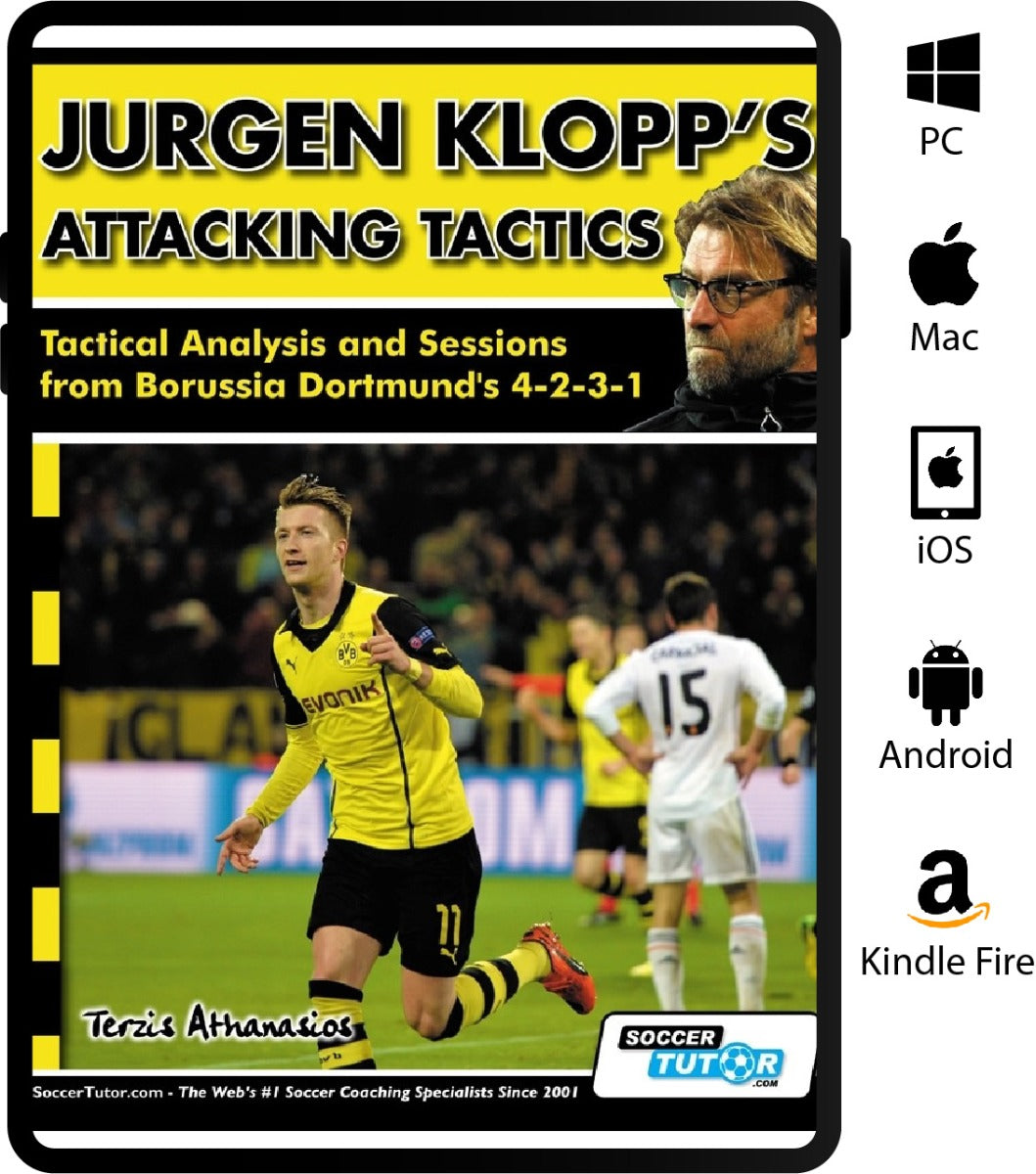 Jurgen Klopps Attacking Tactics - Tactical Analysis and Sessions from Borussia Dortmunds 4-2-3-1 by SoccerTutor features Klopp with a Dortmund player, yellow/black design. Available for PC, Mac, iOS, Android, and Kindle Fire.