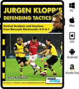 The cover of SoccerTutor's "Jurgen Klopp's Defending Tactics - Tactical Analysis and Sessions from Borussia Dortmund's 4-2-3-1" shows soccer players in action, Klopp’s photo, and platform icons on the right side.