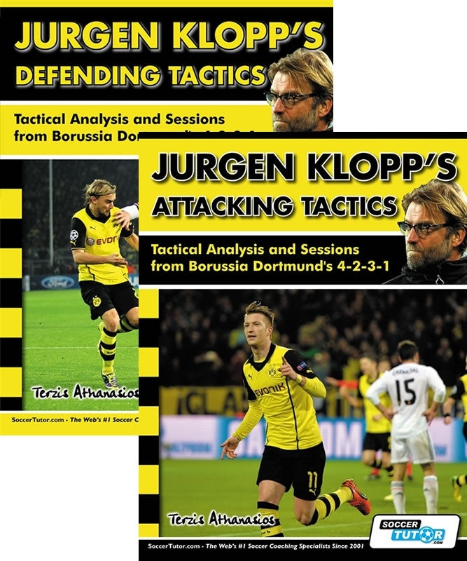 SoccerTutor’s 2-book bundle, Jurgen Klopps Attacking and Defending Tactics - Tactical Analysis and Sessions (4-2-3-1), features detailed tactical analysis and training sessions inspired by Klopp and Borussia Dortmund.