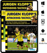 The SoccerTutor bundle, "Jurgen Klopp's Attacking and Defending Tactics – Tactical Analysis and Sessions (4-2-3-1)," features two book covers with Dortmund players and Klopp, plus icons for PC, Mac, iOS, Android, and Kindle Fire on the right.