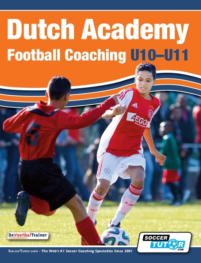 Two young boys play soccer, one in red defending and the other in a white Ajax kit controlling the ball. The cover reads: Dutch Academy Football Coaching U10-11 - Technical and Positional Practices from Top Dutch Coaches by SoccerTutor.