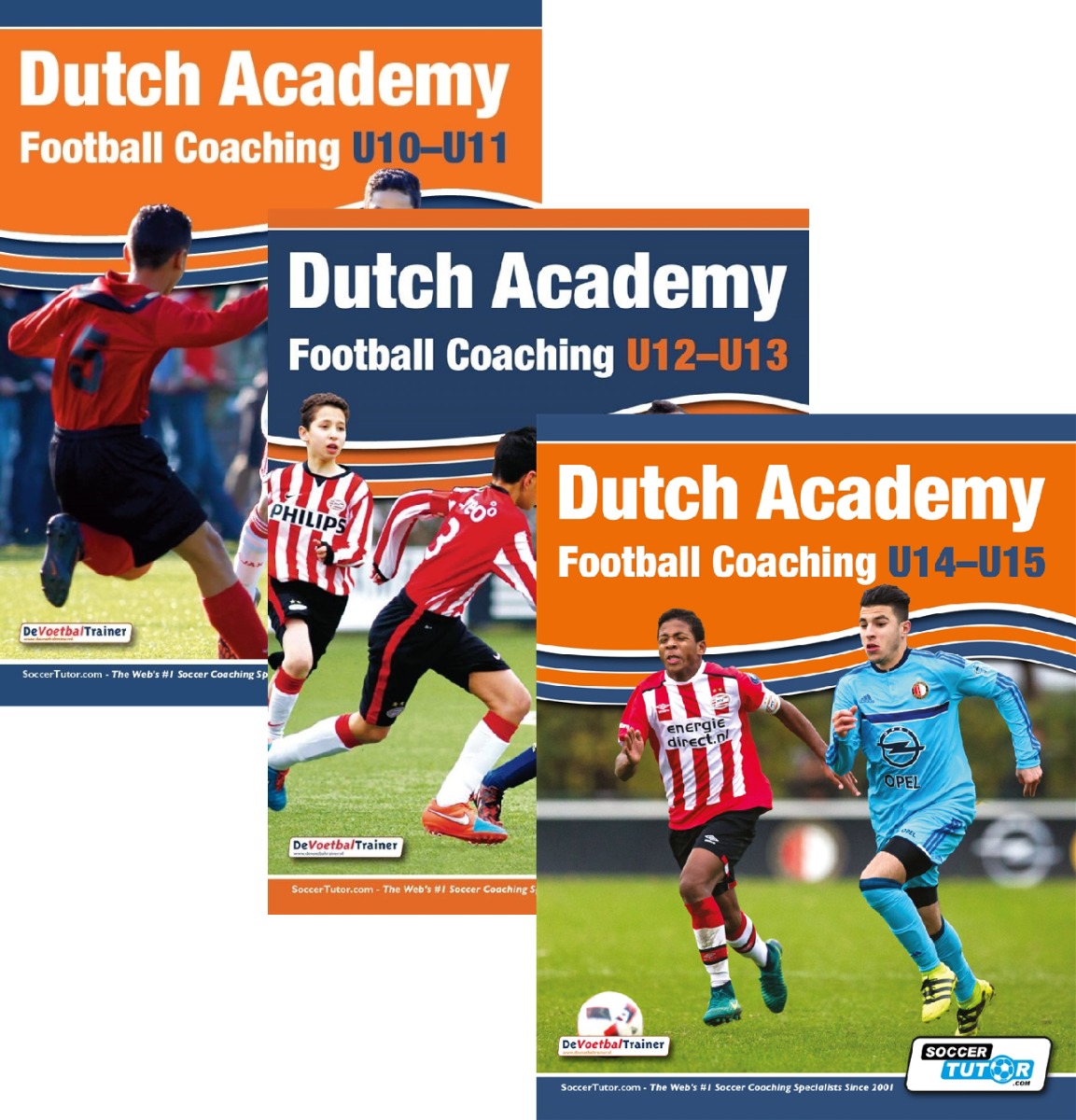 The Dutch Academy Football Coaching U10-15 - 3 Book Bundle by SoccerTutor features covers with young soccer players in red, white, and blue uniforms, highlighting dynamic on-field action.