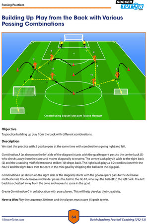 The SoccerTutor Dutch Academy Football Coaching U10-15 - 3 Book Bundle features diagrams for goalkeepers and defenders to practice building play from the back, with arrows, instructions, objectives, and coaching tips.