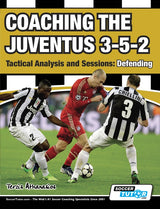 A player in red dribbles as two in Juventus black-and-white kits defend in their 3-5-2 shape. The cover reads: Coaching the Juventus 3-5-2 - Tactical Analysis and Sessions: Defending by SoccerTutor.