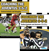 The SoccerTutor bundle "Coaching the Juventus 3-5-2 - Tactical Analysis and Sessions: Attacking and Defending" features two book covers with Juventus players in action, illustrating key coaching tactics for both attacking and defending.