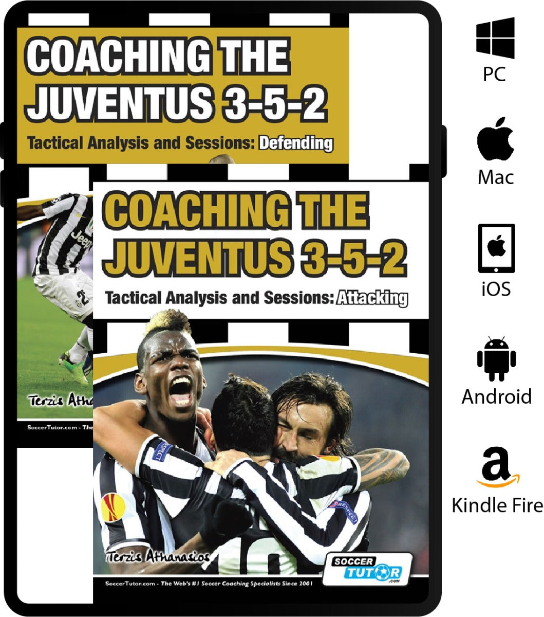 Two covers of SoccerTutor’s Coaching the Juventus 3-5-2 - Tactical Analysis and Sessions: Attacking and Defending - 2 Book Bundle are shown, one with defenders, one with celebrating players. Icons show multi-device compatibility.