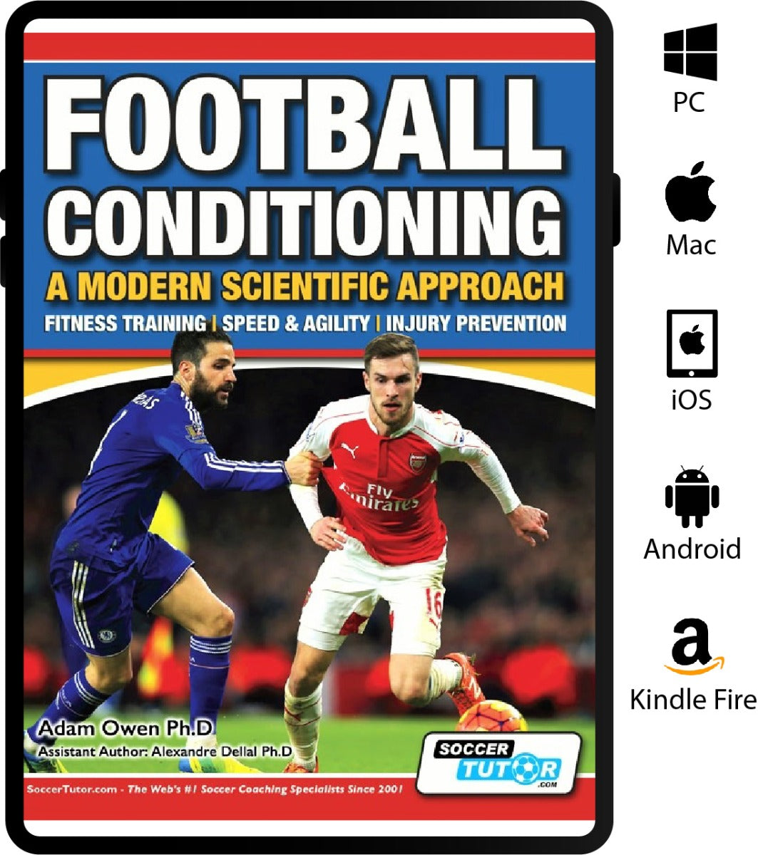 The cover of SoccerTutor’s “Football Conditioning: A Modern Scientific Approach – Fitness Training | Speed & Agility | Injury Prevention” features two players in action, with PC, Mac, iOS, Android, and Kindle Fire compatibility icons on the side.
