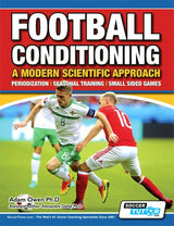 Two male soccer players compete, one dribbling in green/white and the other challenging in red/white. Above them is SoccerTutor's "Football Conditioning: A Modern Scientific Approach" book, covering periodization and small sided games.