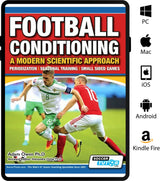 A book cover for "Football Conditioning: A Modern Scientific Approach - Periodization | Seasonal Training | Small Sided Games" by SoccerTutor features two soccer players competing, with PC, Mac, iOS, Android, and Kindle Fire icons on the right.