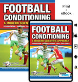 Two versions of SoccerTutor's “Football Conditioning: A Modern Scientific Approach – Periodization | Seasonal Training | Small Sided Games” are shown—a print book and an eBook—highlighting modern football training methods.