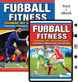 SoccerTutor offers the German book Fussball Fitness Training Mit Wissenschaft—covering Fitnesstraining, Schnelligkeit & Agilität—with both print and eBook formats available. The covers are blue (fitness) and red (speed & agility).